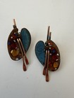 Vintage Signed Matisse Renoir Enamel Copper Artist Palette Clip On Earrings