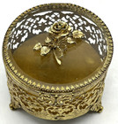 Vtg Gold Filigree Metal Ormolu Jewelry Box Casket Beveled Glass Rose Round