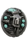 Men Western Belt Buckle Silver Metal Revolver Pistol Gun Feather Bull Turquoise 