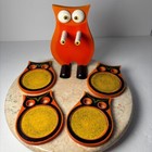 Vintage Mcm Owl Coaster Set Googly Eyes Orange 4 Pc Wooden Retro Kitsch