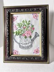 Vintage Framed Embroidered Watering Can With Flowers Decorative Frame Handmade