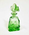 Czech Czechoslovakia Perfume Bottle With Geometric Stopper Green Faceted Etched