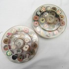 2 Vintage Clear Plastic Round Tidy Thread Box Sewing Caddy With Wood Spools