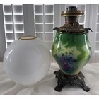 Antique Art Nouveau Green Glass Hand Painted Grapes Floral Oil Lamp With Globe
