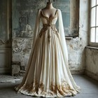 Vintage Champagne Wedding Dresses With Cape A Line Lace Applique Bridal Gowns