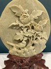 Vintage Asian Soapstone Carved Floral Decor With Bird And Stand