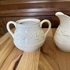 Vtg Wedgwood Queensware Cream On Cream Shell Sugar Bowl   Creamer Grape Vine