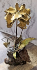 Brutalist Metal Art Vintage Sculpture Flower W Leaves  On Rock  With Spider Lrg