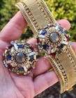 Vintage Rare Signed Hobe Art Glass Cabochon Rhinestone Mesh Bracelet Brooch Set