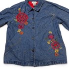 Vtg Tantrums Denim Button Up Small Floral Embroidery Red Lining