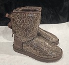 Ugg Bailey Bow Black bronze Glitter Leopard Sheepskin Boots Women Size 7