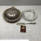 Vintage Silver Plate Clam Shaped Butter Dish With Glass Insert And Knife English
