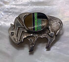Native American Signed Sterling Silver And Stone Overlay Buffalo In Brooch