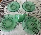 Vintage Akro Agate Play-time Green Glass Dishes Set Of 5 Child Tea Set Glows
