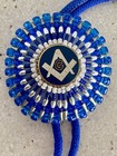 Vintage Masonic Bolo Tie Silver Tone Blue Bead Freemason Square   Compass Lodge