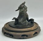 Antique Bronze Foo Dog On Wood Base  China