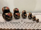 Set Of 6 Russian Matryoshka Nesting Dolls  Hand-painted Black Floral   Scenes