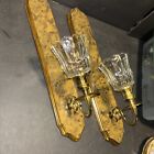Vintage Home Interior Wood Sconce Set W brass   Glass Candle Holders Mcm