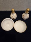 Vintage Handpainted L w  Rice 3 Piece Vanity Set 2 Perfume 1 Puff Powder Box 
