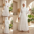 Muslim Modest White Embroidery Abaya Robe Women Kaftan Belted Long Sleeve Dress