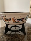 Vintage Mcm  Landert Pottery Fondue Pot Swiss Folk Art Scene Stoneware W Stand