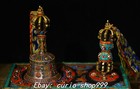 11 4 old Tibet Pure Bronze Gold Painting Inlay Gem Dzi Bead Bell Faqi Statue Set