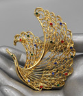 Vintage Swan Brooch Multicolor Rhinestone Gold Tone Filigree Large Bird 2 5  Euc