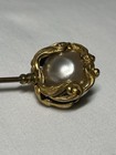 Antique Early 1900 s Pearl     Encased In Goldtone Scrollwork Hatpin 8 1 2 