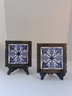 Vintage Folk Art Orion Mexican Tile Trivet Set  2 Pcs  Hand Carved Wood Frames