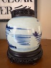 Antique Chinese Blue   White Porcelain Ginger Jar W  Pierced Wood Lid And Stand