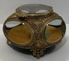 Vtg Ormolu Filigree Beveled Glass Jewelry Velvet Trinket Box Casket Display Case