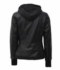 New Women Black Bomber Motorcycle Winter Jacket With Fleece Removable Hood