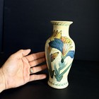 Vintage Japanese Hand Painted Porcelain Crackle Vase Blue Yellow Irises Flowers