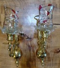 Pair Vtg Heavy Brass Candle Holder Wall Sconces Bell Glass Shade W  Glass Prisms