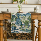 Chinoiserie Vintage Style Mountain Fall Table Runner  Seasonal House Trees Kitch