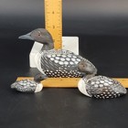 Set Of 3 Common Loon Waterfowl Figurines Hand Carved   Painted Wood Cabin Decor