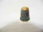 Thimble Vintage Glass Plique A Jour Stained Glass Effect 3 Red Flowers On Blue