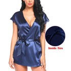 Satin Lace Trim Kimono Sexy Women Lingerie Robe Sleepwear Dress Nightwear Belted