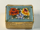 Vintage Micro Mosaic Floral Gold Tone Metal Oblong Pill Box Trinket Case