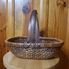 Asian Basket Hand Woven Willow W wood Handle Gathering Basket 13 5x9x11 