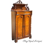 Antique Victorian Burl Walnut 2 Door Cabinet Cupboard Carved Crest C1870