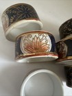 Set Of 6 Vtg Porcelain Blue white rust Napkin Rings Lotus Design Hand Painted