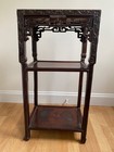 Antique Carved Hardwood Plant Stand W  Marble Top     Ornate 2   tier Display Table