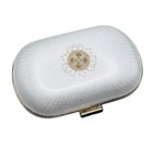 Vintage White Guilloche Enamel Blue Rhinestone Revlon Powder Compact Purse