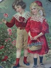 Vintage Flue Cover Young Boy   Girl Picking Flowers Antique Wall Hanging  9-1 2 