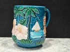 Hawaii Blue Tiki Mug Sailboat Pink Hibiscus Palm Trees Raised Design