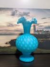 Victorian  Blue Satin Diamond Glass Vase  Hand Blown  Cased  Circa Late 1800 s