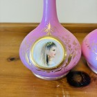 Rare Pair Of Antique Victorian Hand Blown Portrait Painted Pink Scent Bottles