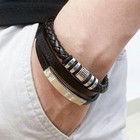 Men Jewelry Black Braided Leather Bracelet Multi-layer Stainless Steel Clasp A