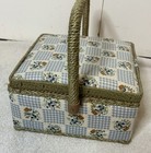 Vintage 1980   s Blue Flower Basket Sewing Box basket W  Braided Trim   Handle